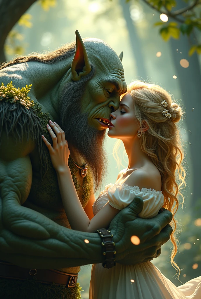 Create an image of an ogre kissing a princess