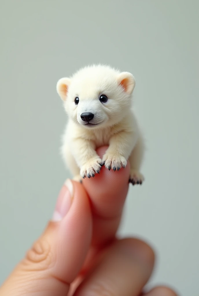 Photorealistic, 34k, A micro baby polar bear perched on a human finger