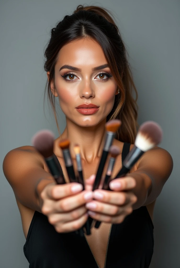 Woman makeup artist holding some brushes as if taking a photo for positioning 