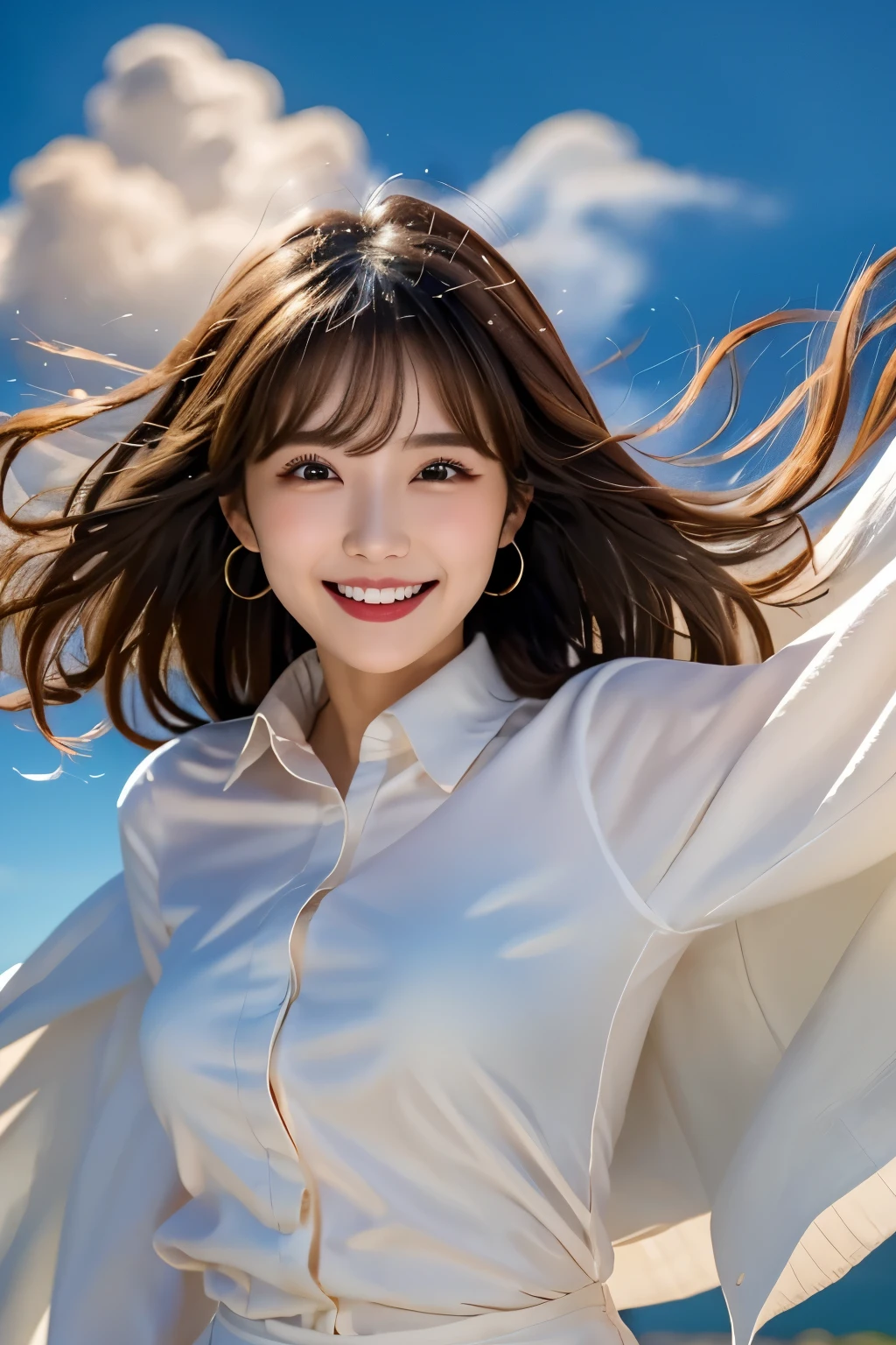 ((Highest quality)), ((masterpiece)), (detailed), ((Highest quality))、Perfect Face, Japanese、2、female、smile、light light brown hair、Perfect Anatomy、Anatomically correct body、White collared shirt、blue sky、((Flying in the sky with open arms))、Floating in the air、