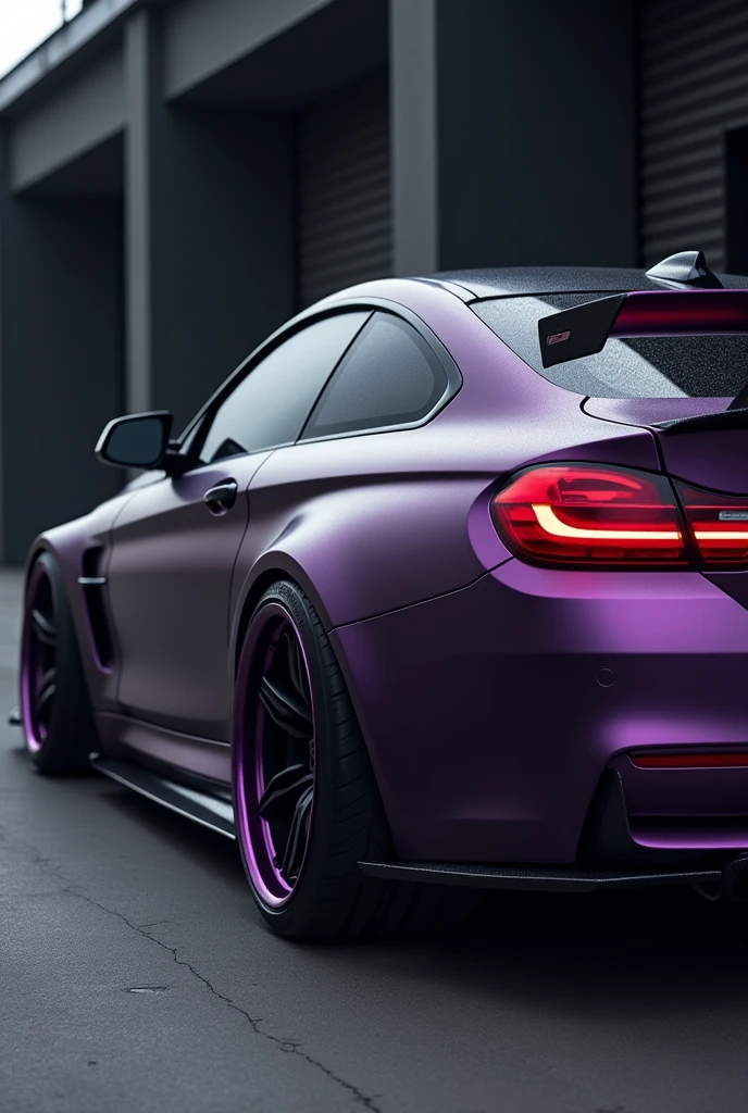  a low bumper bmw in the color of dark purple matte and with a spoiler 