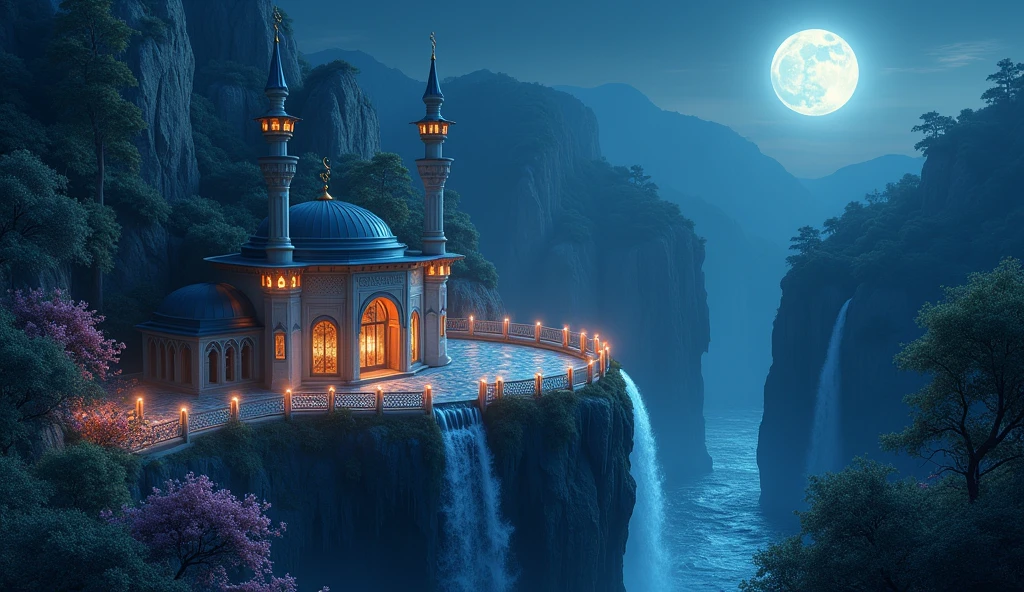 a tiny mosque near a cliff with a waterfall flowing through it, a row of pastel flowers nearby at night on a full moon, top view