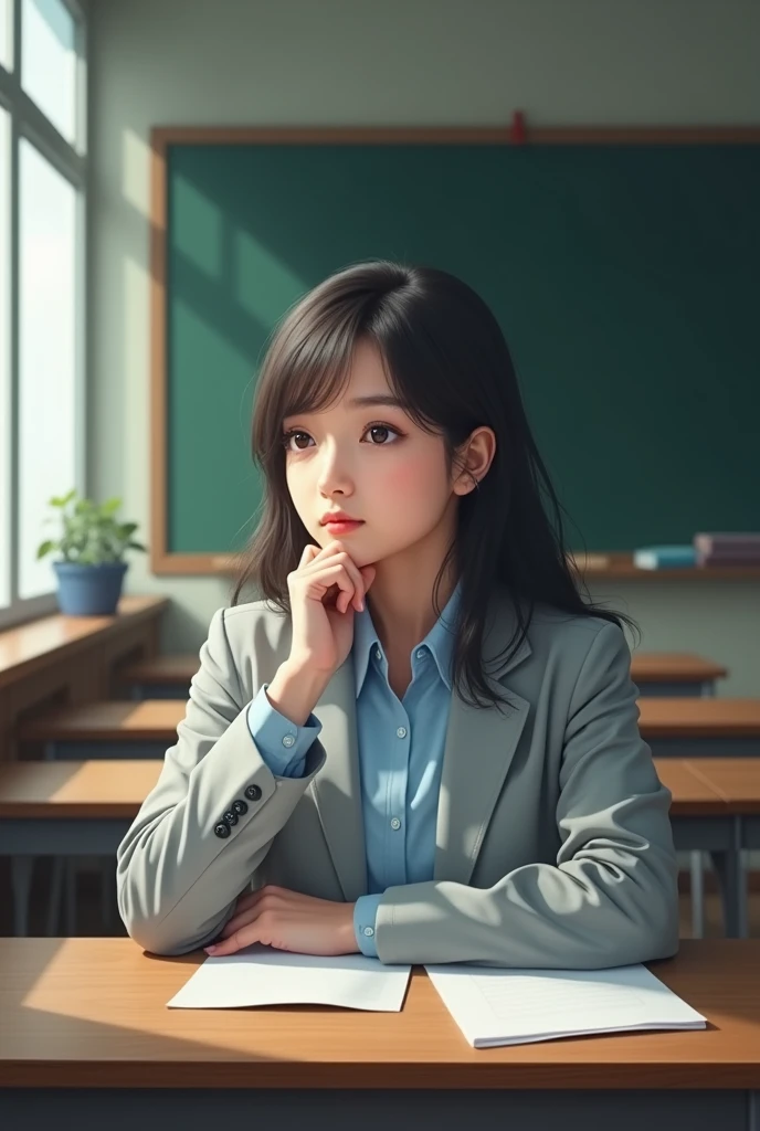 Inside the classroom, a female student wearing a light blue shirt and a light gray blazer was looking out the window from her seat.