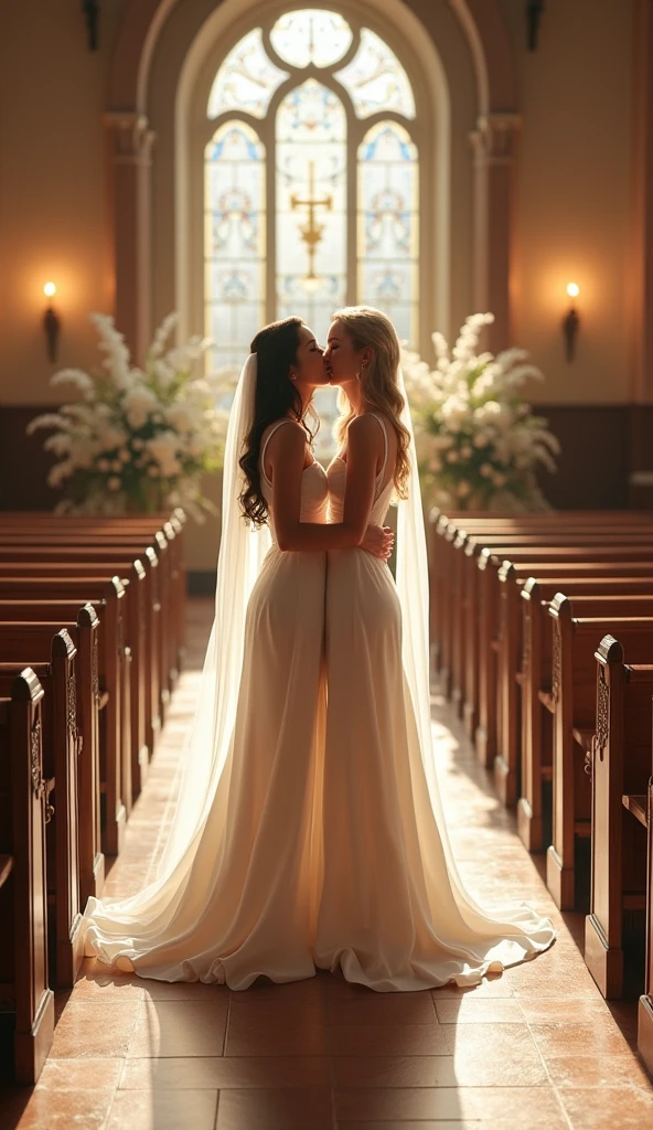 Wedding ceremony, wedding chapel, two women in wedding dresses kissing, two women of different types
