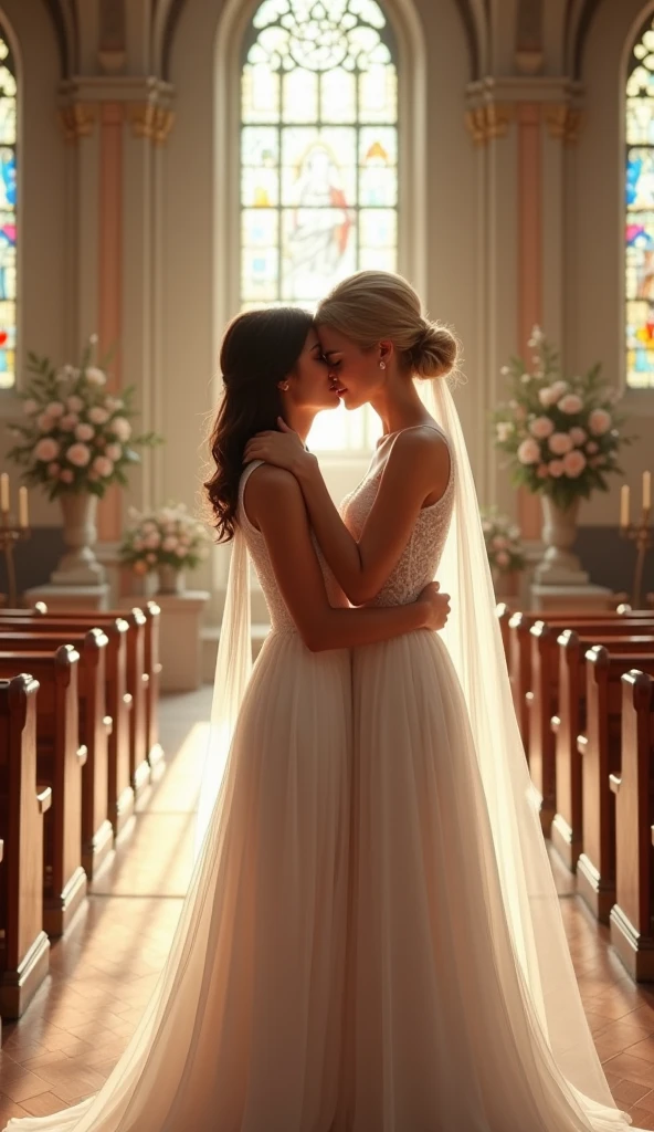 Wedding ceremony, wedding chapel, two women in wedding dresses kissing, two women of different types