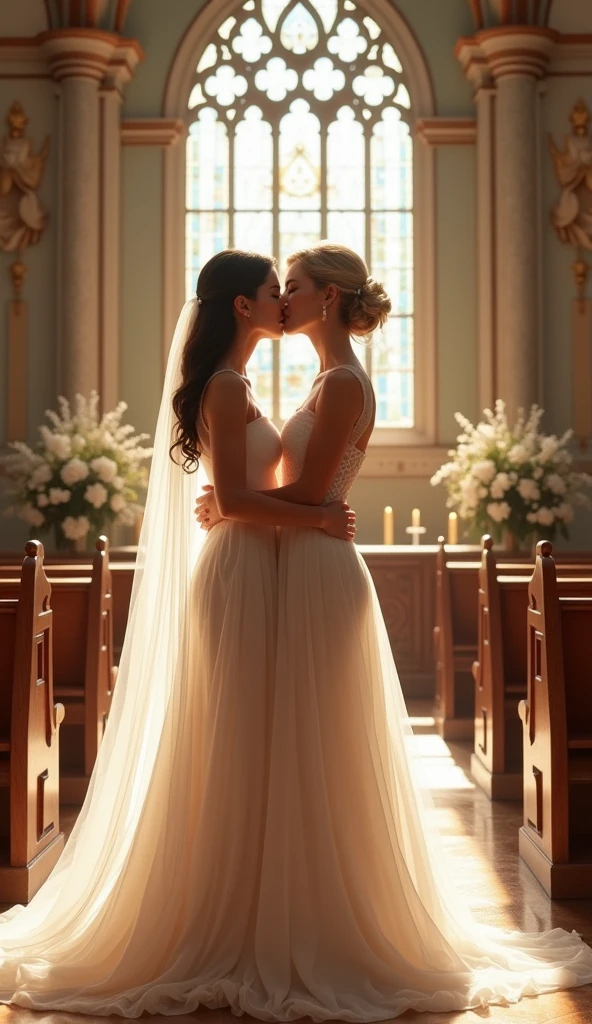 Wedding ceremony, wedding chapel, two women in wedding dresses kissing, two women of different types