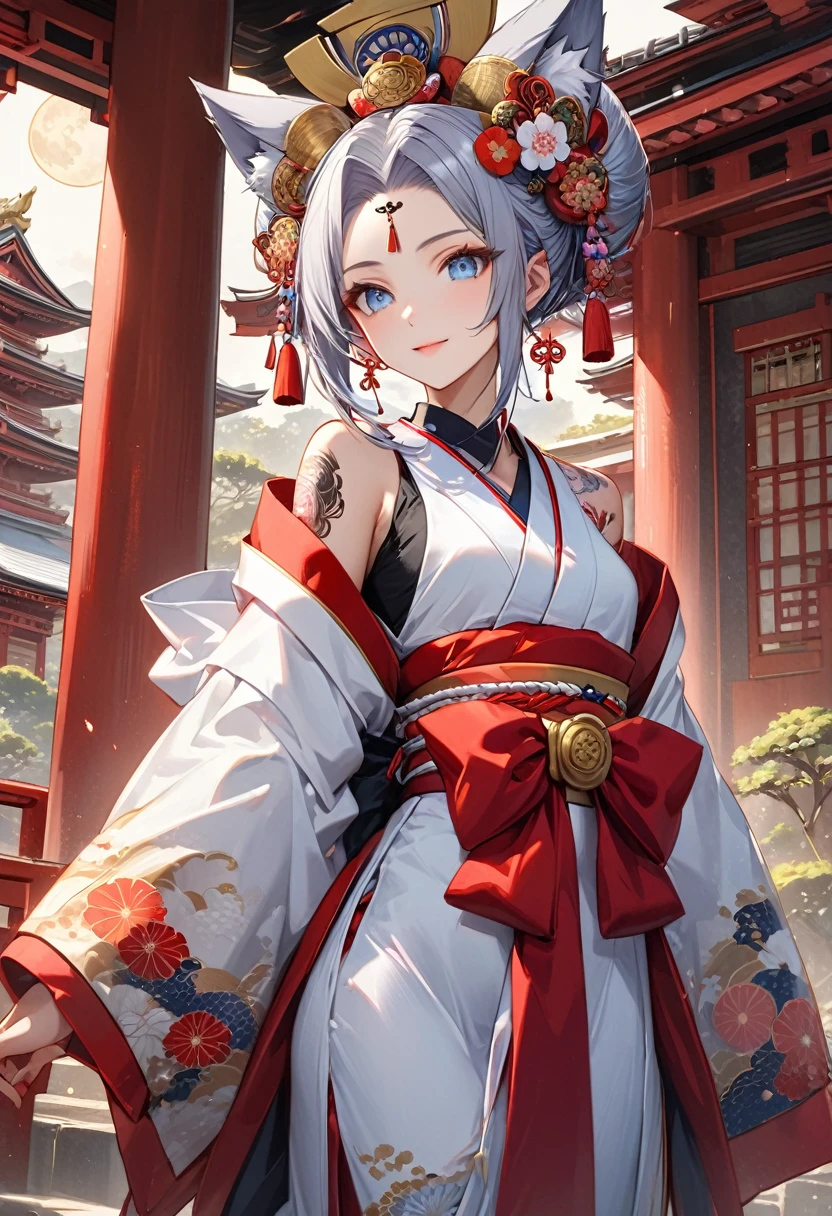Ink painting, (((1 girl))), (((Tattoo in the middle of the forehead))),(((In the background is the Akatsuki moon))), (((Oiran))), (((Great hair accessories))), Demon possession, ((Masterpiece:1.2)), ((Highest quality)), Extremely detailed and delicate illustration style, Detailed leather texture, Detailed canvas texture, Very detailed description, (Masterpiece T), Extremely beautiful illustration, Highly detailed face, Raw image, professional, Ultra-high resolution panel, Complex details, Superior detail, Intricate decoration details, Perfect anatomy, real, (A very beautiful and kind silver fox woman or girl with blue eyes wearing a kimono), ((Beautiful silver fox ears)), (Beautiful silver fox tail), (Beautiful and shiny silver hair), (Beautiful and clear blue eyes), (Beautiful detailed eyes:1.6), ((Japanese temple priestess style: 1.7)), (Traditional tailored outfit), Front view, White flower kimono, Long red hakama skirt, A maxi skirt, Modestly dressed, He smiles, ((Standing and looking at me)), ((The day)), (Extremely detailed and beautiful Japanese temple construction), (8K Highest quality wallpaper), (Extremely detailed and delicate background)