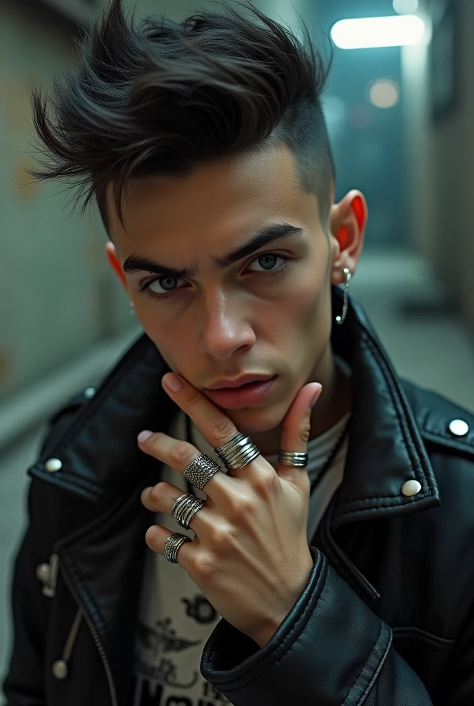 make a boy with a bed boy style with short hair and rings on his fingers shorter hair like a pompadour the boy is white