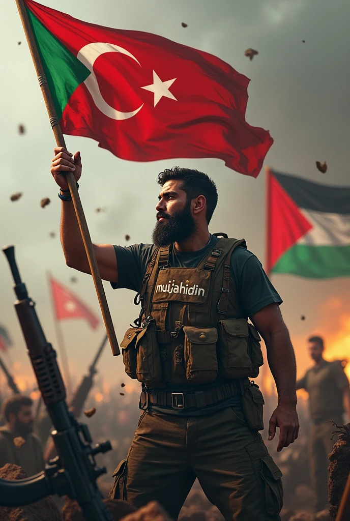 A mujahid holds the Turkish and Palestinian flags and on his shirt is written Mujahidin