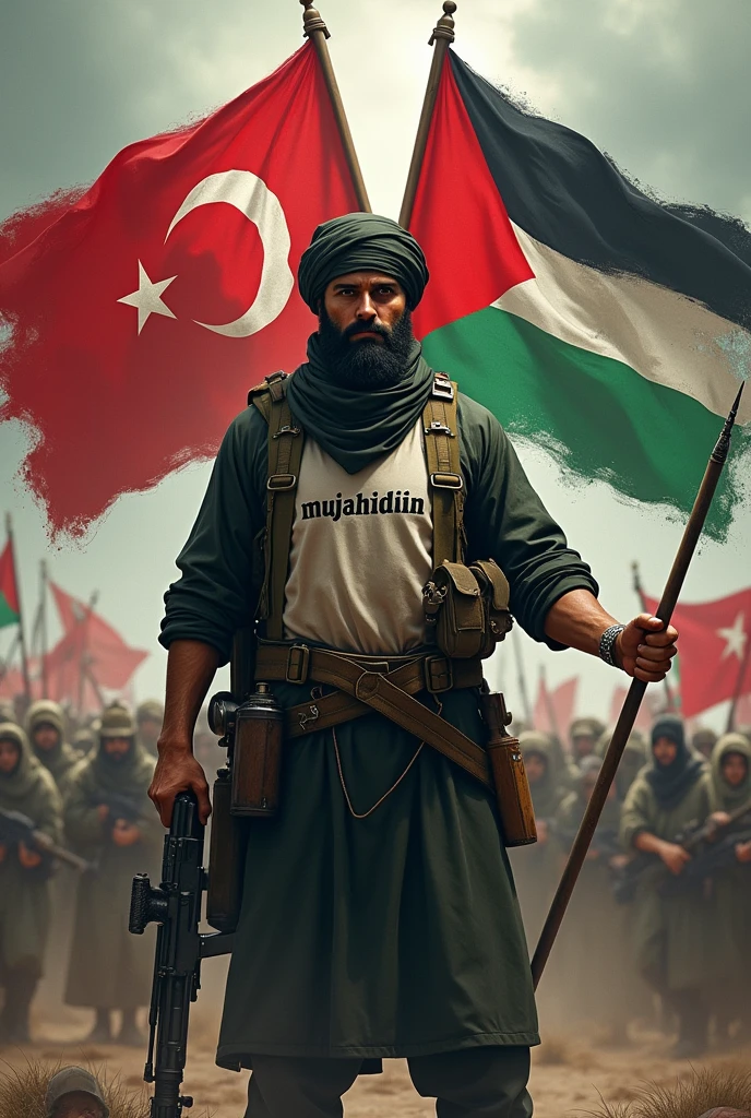 A mujahid holds the Turkish and Palestinian flags and on his shirt there is the word Mujahidin and many weapons.