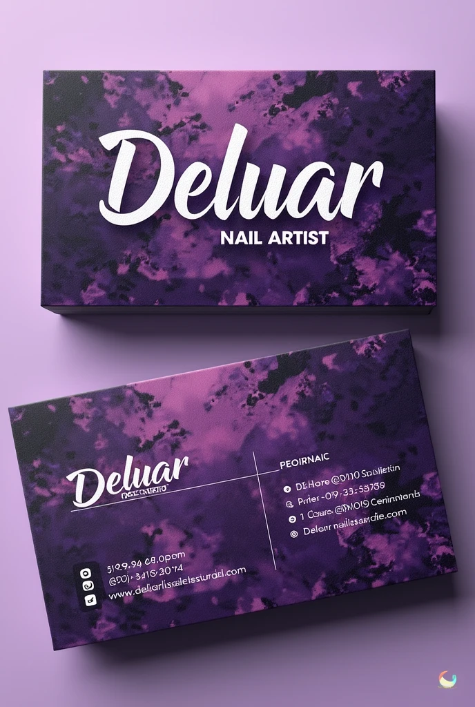 I want you to create a business card for me based on my visual identity, the name of my nail studio is Deluar Nail Artist and the color palette is purple and lilac. I want something stylish with a graffiti style, according to the image I want to convey. 
