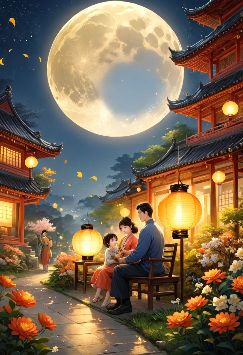 mid-autumn festival,Handsome father and charming beautiful mother, a cute child and a family sitting in the garden holding a lantern(There are many beautiful flowers in the foreground)Enjoy the huge and beautiful moon together. The warm, peaceful and happy atmosphere. The movie lights. Warm tones. Masterpiece. The happy scene is very beautiful., perfect composition, intricate details, Super detailed ( perfect anatomy ) Beautifully, 清新優雅的審美風格噴槍數位油畫精緻的藝術作品
營造出mid-autumn festival歡樂場景 (unique style)Very detailed, Real raw photos, best movie quality, Extremely fine texture, High quality work from a master artist