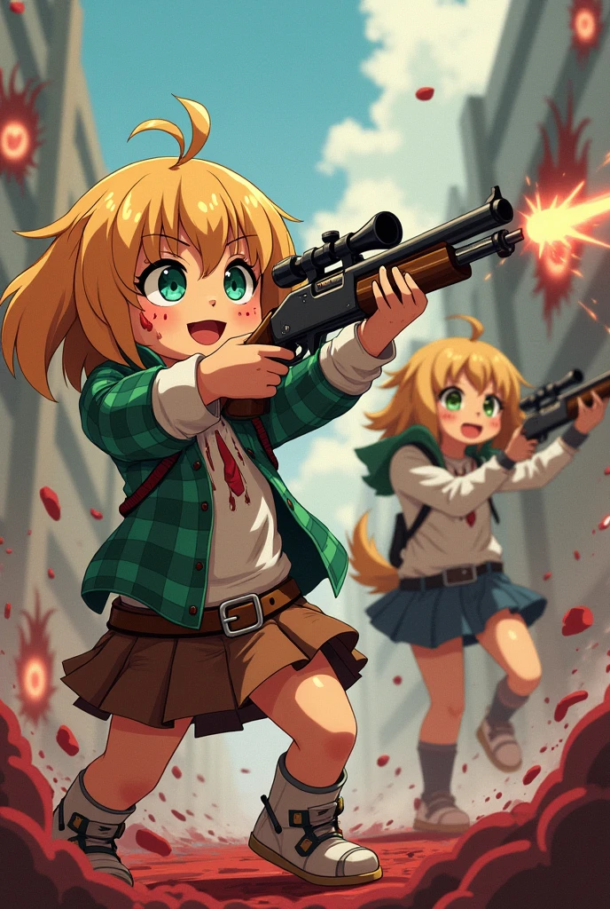 A very cute little golden retriever dog. She is wearing a white shirt, a green plaid sweater, a brown skirt with a belt with a buckle. She is covered in blood and holding a shotgun, killing several demons. Next to her, there is a man wearing a futuristic costume with unicorns. He is also holding a shotgun and shooting at the demons. The image has to be in anime.