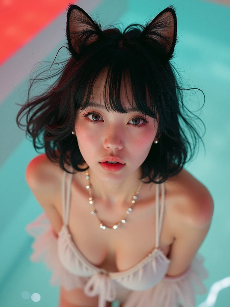 real photograph, (masterpiece), (highest quality), (Super detailed), (messy hair), (shape), (one japanese girl), (chiffon frill bikini), cat ear, sitting down, Fashion Model, (simple cyaan pink red background), fine and beautiful eyes, pretty faced, floating, (high color saturation), focus on face, black bob cut hair, floating Hairs, (shining), best writing, best shadow,