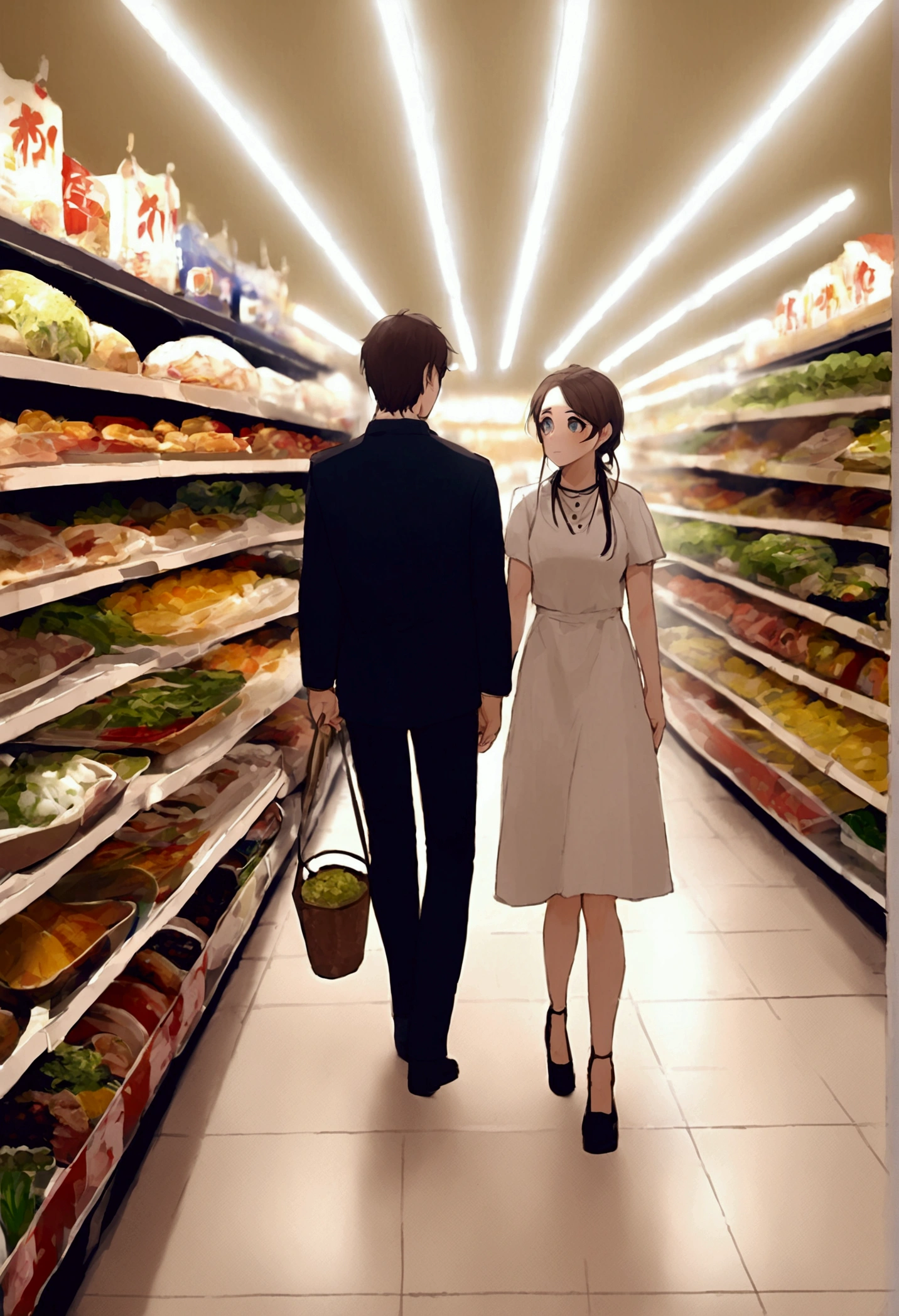 A supermarket with empty rice shelves, people looking worried, soft lighting emphasizing the scarcity.