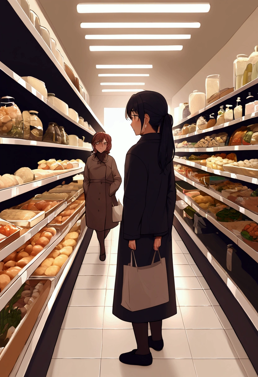 A supermarket with empty rice shelves, people looking worried, soft lighting emphasizing the scarcity.