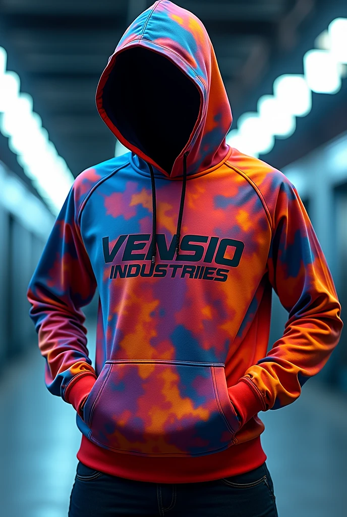 create colorful sublimated sports hoodies with VENSIO INDUSTRIES letters on it without wear 