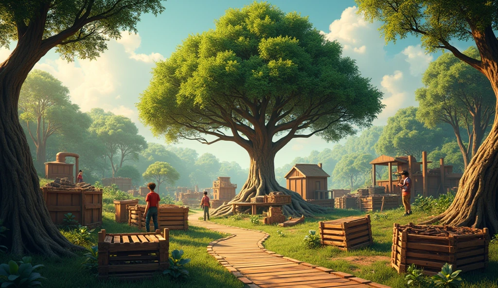 realistic, photorealistic, photo-realistic:1.37, 4k, 8k, highres, masterpiece:1.2, ultra-detailed, studio lighting, physically-based rendering, extreme detail description, professional, vivid colors, 1 tree, beautiful detailed bark texture, wooden branches, lush green leaves, sun rays filtering through the leaves, serene forest landscape, wooden forest path, wooden crates, wooden machinery, wooden tools, hardworking people, wood processing factory, wooden sawdust on the floor, warm color tones