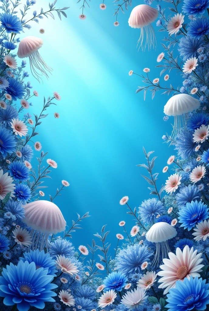 Blue ocean jellyfish themed cheering flower wall,There are blue and white balloons and flowers on it
