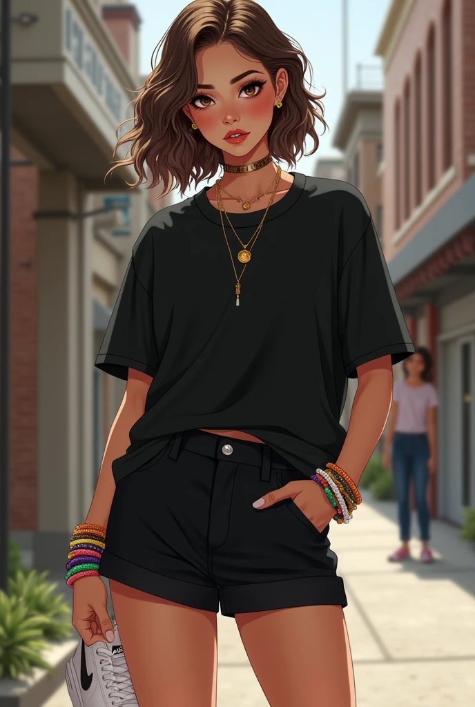 Une fille avec les cheveux brun avec une wolf cut des yeux brun foncé des habits larges et noirs un short en jean noir et tee-shirt large des baskets blanches nike des joues légèrement roses et un grin de beaute sur la joue des bracelets brésilien colorés au poignet blanche bronzé pas de collier et pas de boucle d'oreilles