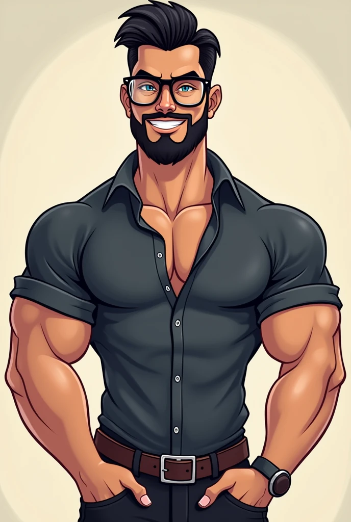 "Create a cartoon character of a hot, confident man in his late 20s with sharp features and stylish glasses. He has a well-groomed beard, a strong jawline, and slicked-back dark hair. He’s wearing a fitted shirt that highlights his muscular build, and his pose exudes charisma and charm. The background is simple, allowing the character to stand out, making it perfect for a profile picture."