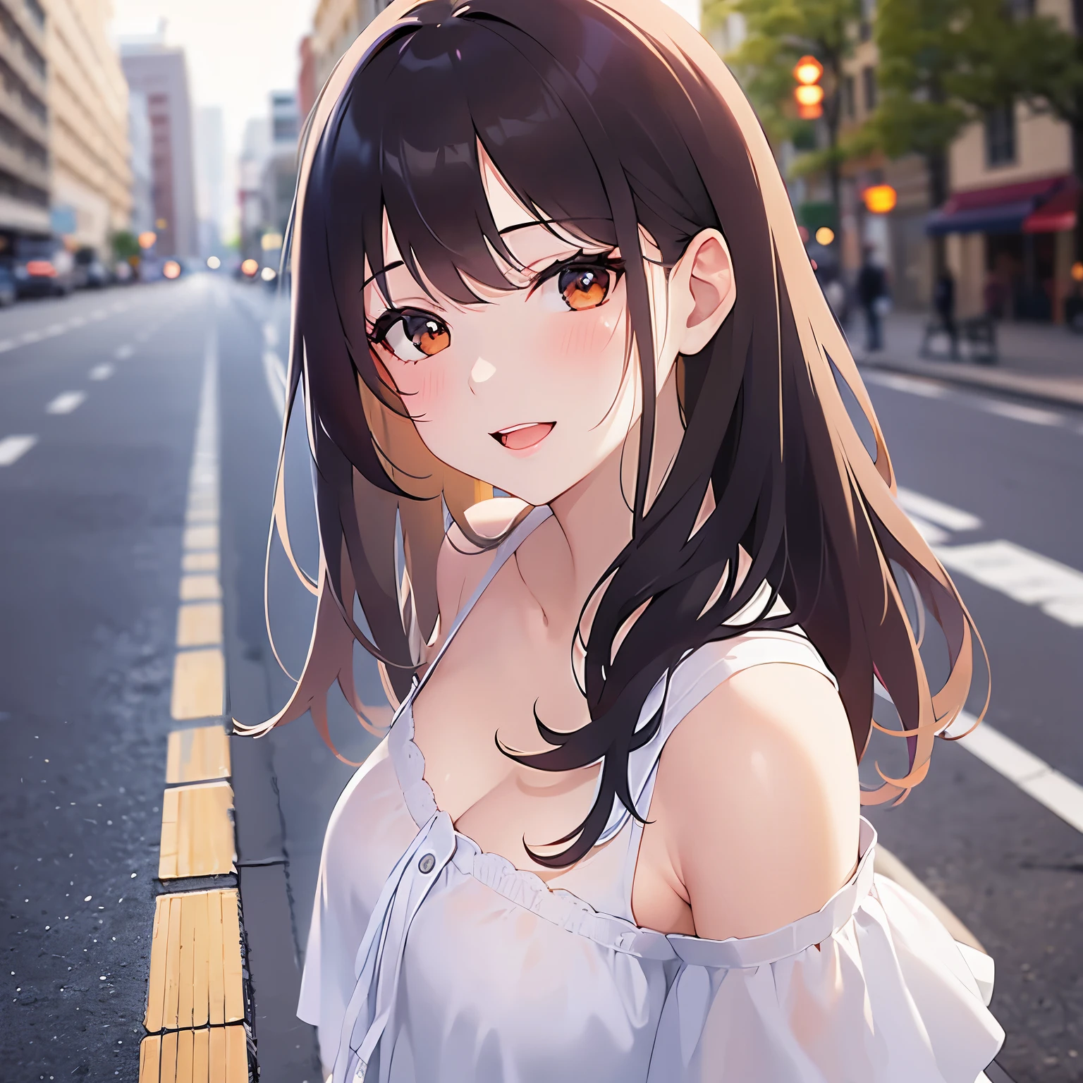 (looking at viewer:1.5)Upper Body,closed-eyes,Realistic, real person, (pale skin: 1.2), RAW photo, photorealistic, shiny skin, shiny hair、(A 25-year-old woman with medium-length hair and bangs) and (wavy hair) and (brown hair) and (orange eyes) , White collarless dress、 (blush:1.5),(smile:1.2),open mouth,(alone:1.5),park