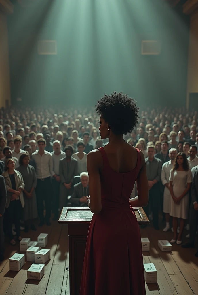 Create a scenario where a black woman speaks at a podium for very strange exotic people, white and black people, and behind this woman place a gentleman with white hair sitting in a chair who looks like he is drugged, very electric, and on the floor near him there are boxes of medicine. I want a panoramic view of the image, allowing you to see everything in a single plane.