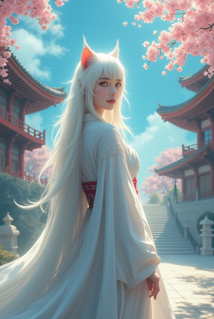 masterpiece, best quality, 1girl, yellow eyes, long hair, white hair, tree, stairs, standing, kimono, sky, cherry blossoms, temple, looking at viewer, upper body, from below, looking back, ears and tail from snow leopard.