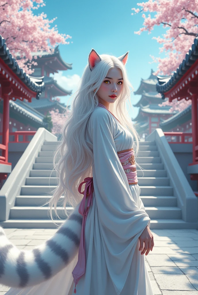 masterpiece, best quality, 1girl, yellow eyes, long hair, white hair, tree, stairs, standing, kimono, sky, cherry blossoms, temple, looking at viewer, upper body, from below, looking back, ears and tail from snow leopard. 