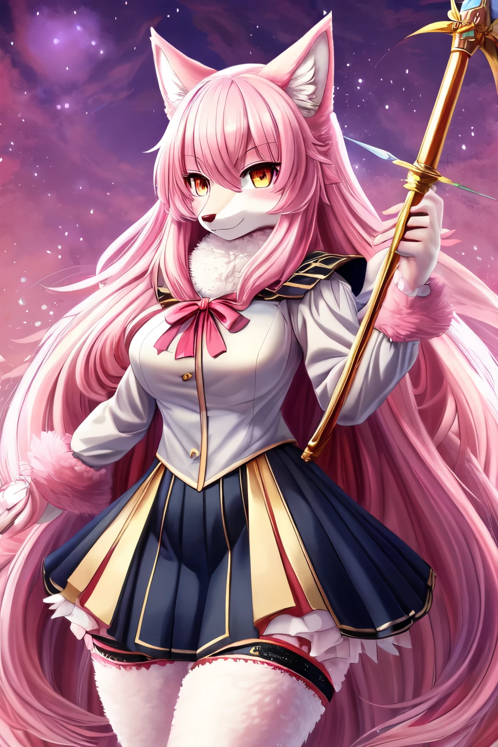 ((best quality)), ((masterpiece)), (detailed), 1girl, long hair, furry, anthro, skirt outfit, kemono, fluffy, holding a rapier, awesome background, full body, full body clothes, pink fur, pink colors, adult, grown up woman, wolf kemono, serious looking, furred legs