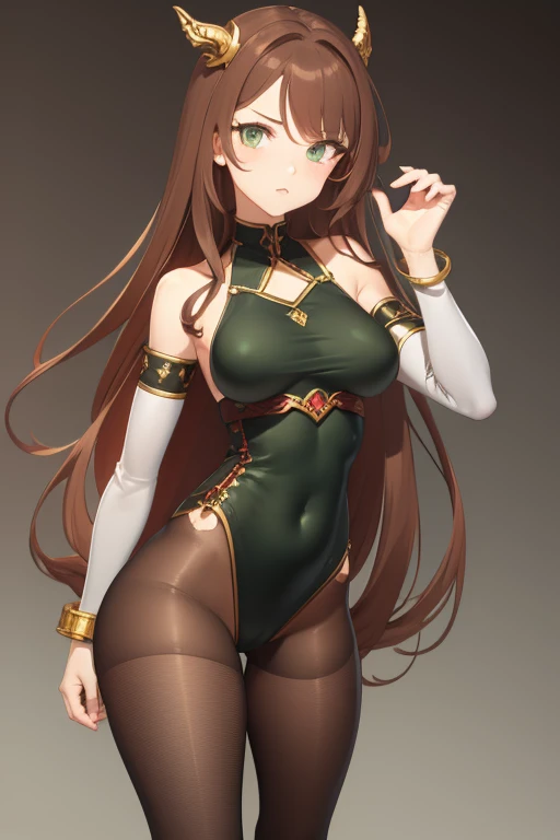 Red-brown hair,long,Wavy Hair,Green Eyes,Big eyes,Slanted Eyes,Beauty,Very large breasts,Erect nipples,Small waist,Big Ass,Fair skin,Shaped like a super high-cut one-piece swimsuit,There is a draft on the waist area,Metal gauntlets with thimbles that can be attached to a chain at the wrist,ひざ部分に金属装甲のlongブーツ,Thin tights on the thighs,Mace,full body