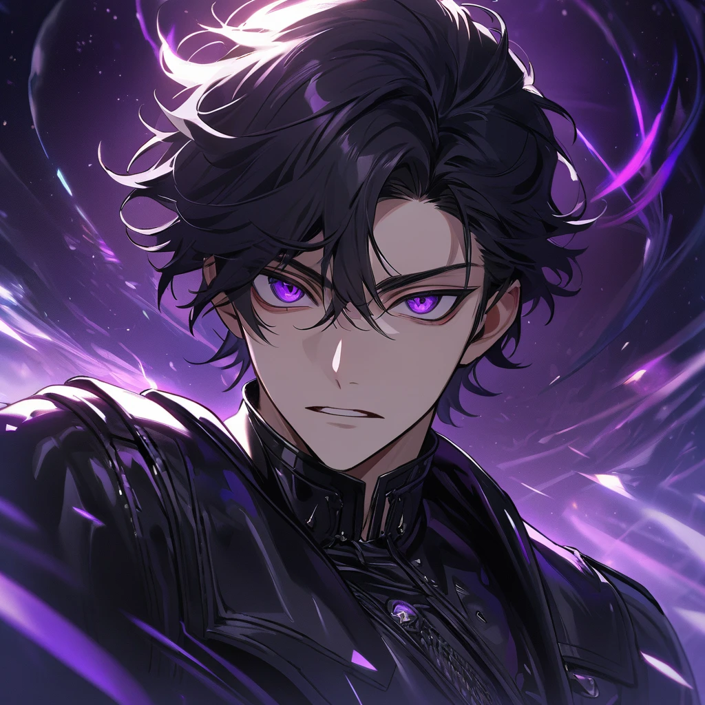 High quality, HD, 4k, no shadows, handsome male, handsome, extremly handsome, 1male, 1 male, ager, pure black hair, short black hair, dark hair, black hair, jet black hair, sharp eyes, deep purple colored eyes, dark purple colored eyes, deep violet eyes, violet eyes, devil may cry, close up, calm expression, stoic expression, black leather clothes, black leather clothing, leather clothing, lean body, well trained body, upper body, looking at viewer, cowboy shot, white solar, space background