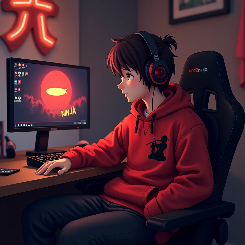 A guy dressed as a ninja in red, but in a sweatshirt sitting with a gaming pc with headphones on. On the monitor is a wallpaper with a logo with a ninja and some text saying "andi2NINJA"