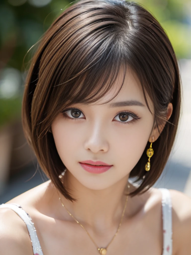 masterpiece，Photorealistic，Highest quality，Highest quality，Ultra high definition，RAW Photos，A girl with a very cute face，Amazingly cute，Tabletop，Detailed face，Detailed eyes，Beautiful Eyes，Long eyelashes，double eyelid，Perfect balance，Mid-chest，Cleavage，Looking at this，Textured skin，Beautiful Skin，Earrings，Natural Lip，light makeup，Very Short Bob，
