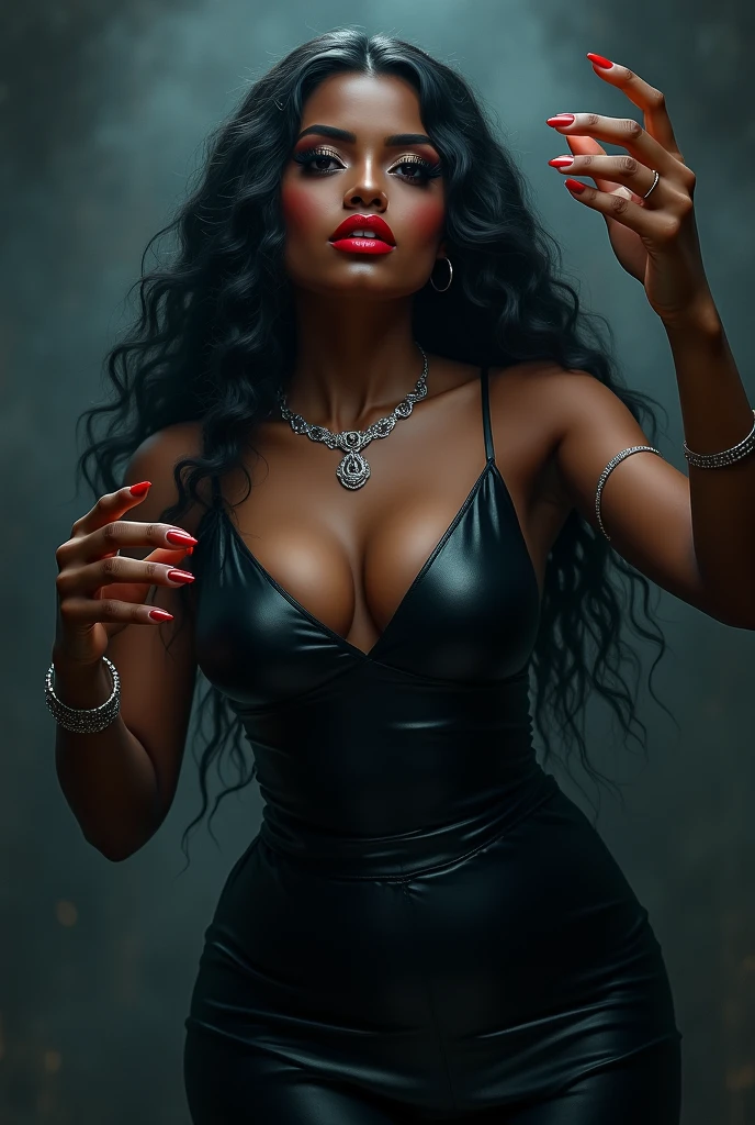 Create a picture of a witch. dark-skinned, makeup, red lipgloss stick, silver necklace and big breasts. With a small mole above the mouth, close to the upper lip.