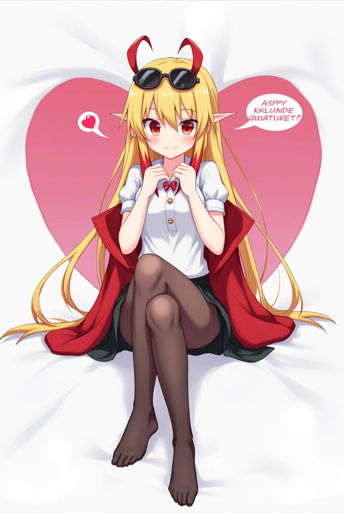 best quality, masterpiece, high resolution, alone, {flandre_scarlet_touhou:1.15}, long blonde hair with red streaks at the tips, big red eyes, small elf ear and a ruby colored earring in her left ear, bangs with a red streak in the middle, sunglasses on her head, one side up, flirtatious smile, blush, smile, white headdress, a light white short-sleeved blouse on the upper part of the body, hair between the eyes, a red coat overlaid between her wrists, bottom a very sexy black skirt, thick thighs, pronounced hips, the girl is slim, blushing cheeks, long straight hair, white skinned girl, 1 girl, looking at the viewer smiling flirtatiously, sexy black skirt, light blouse, short sleeves, simple background, the girl is sitting crossing her left leg flirtatiously, she has black nylon stockings that are a little transparent that reach her knee, white background, white shirt, ruffles, long hair, cleavageless shirt, super tiny tits girl, un globo de texto con un corazón rojo. the girl has not hat, flirting smile, super tiny tits.