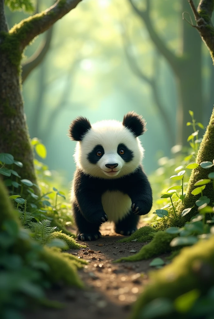 a panda looking for its pandas in the forest