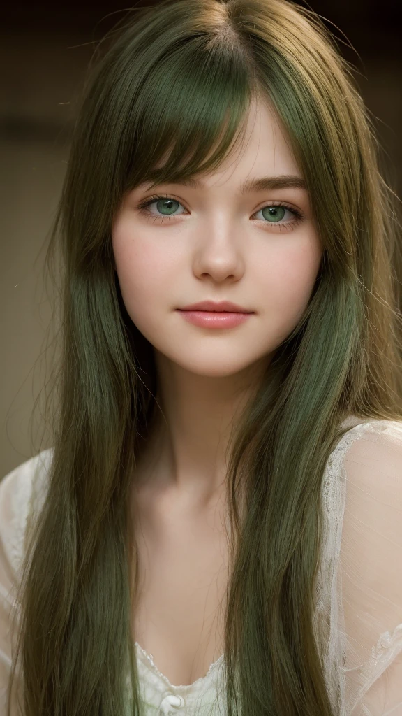 a girl. European. Extremely detailed face. Oval face. Delicate facial features. Half-closed eyes. gentle. Long straight hair. Messy hair. Bangs. Green hair. Green eyes. smile