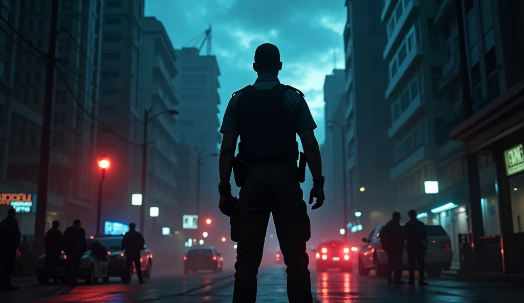 work of art, High definition image, ultra detailed image, Realistic Image, cinematic image, impactful image, DARK AND SHOCKING IMAGE. The scene is dominated by a nighttime urban background, with tall buildings in silhouette that indicate a large Brazilian city. The sky is laden with dark clouds, suggesting a tense and dangerous atmosphere. There is a mix of red and blue siren lights, reflecting on metal and glass surfaces, creating a dramatic, high-contrast visual effect. En el centro de la imagen, a Brazilian military police officer appears in a firm posture, with the face partially shadowed, but with determined eyes. He wears the characteristic uniform, including bulletproof vest and helmet, holding a gun firmly in his right hand, as if ready to act. Lighting creates a chiaroscuro effect, highlighting the details of the uniform and equipment, suggesting vigilance and readiness. Behind the policeman, In contrast, there are nebulous figures that represent criminals, lurking in the shadows, with indistinguishable and threatening faces, symbolizing constant danger and rampant crime. In a part of the image, slightly blurred, a crumpled newspaper flutters in the wind, with sensationalist headlines that insinuate media bias and distortion towards police forces. Additional Elements, like crime scene blackout tape and a tilted scale of justice, can be discreetly inserted into the composition, suggesting the themes of injustice and distortion of the judicial system. No canto inferior da imagem, almost imperceptible, the silhouette of an ordinary citizen holds a worn Brazilian flag, symbolizing the people and the nation as a whole, affected by the chaos of public security.