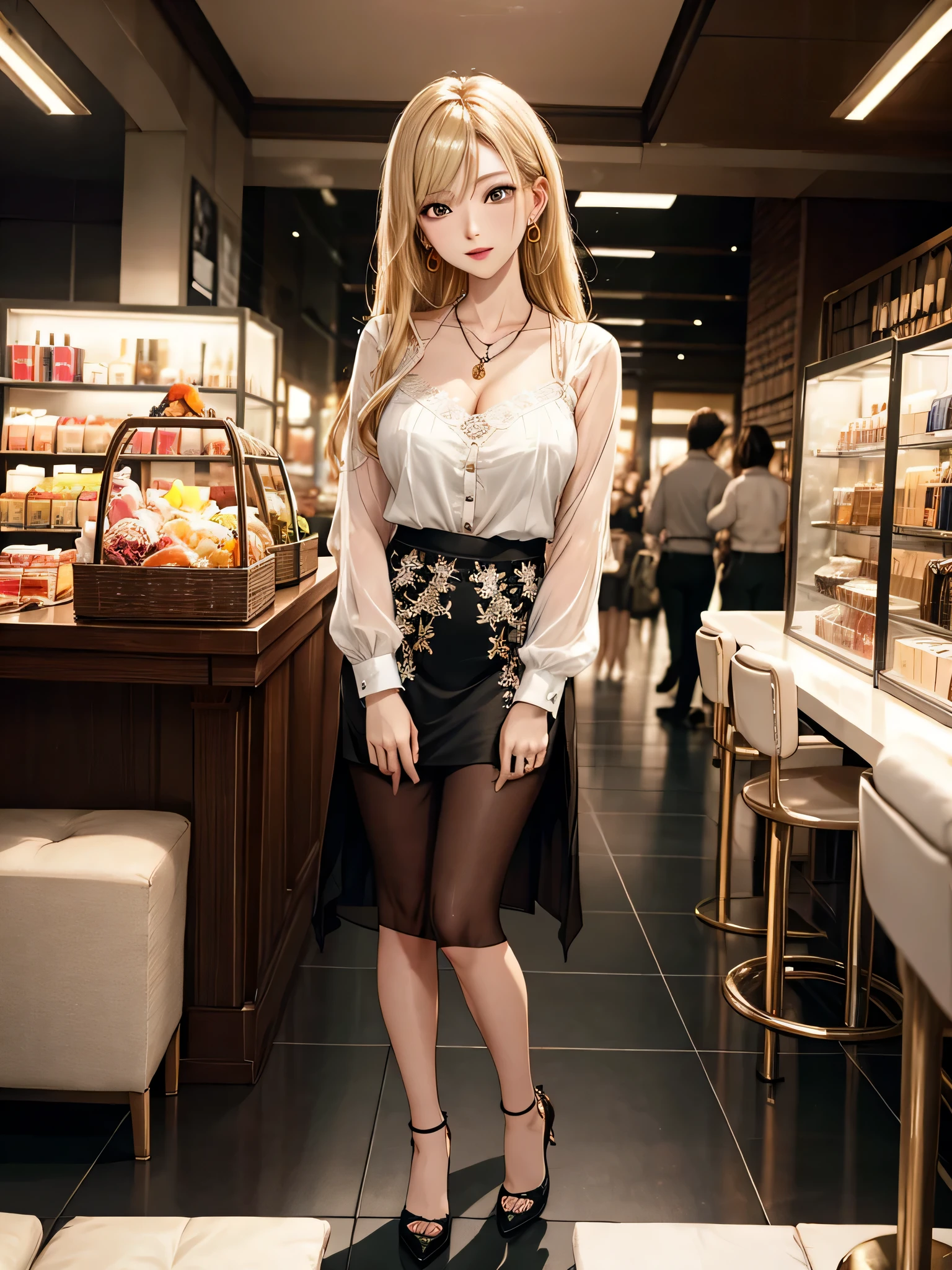 ((Biologically correct limb count))、((Full Body Shot, Full-body photo including face、Head to toe photos))、4K、(masterpiece:1.3)、((Symmetrical facial features))、Eyes of meticulous depiction、beautiful 、Excellent style、((skirt、The neckline is a lace embroidered sheer shirt.、High heels with anklets))、Detailed Description、shopping、Married Woman、sex appeal、Alluring、Handbags、Earrings、necklace、Looking up、Blonde、(male:-0.5),(multiple:-1)