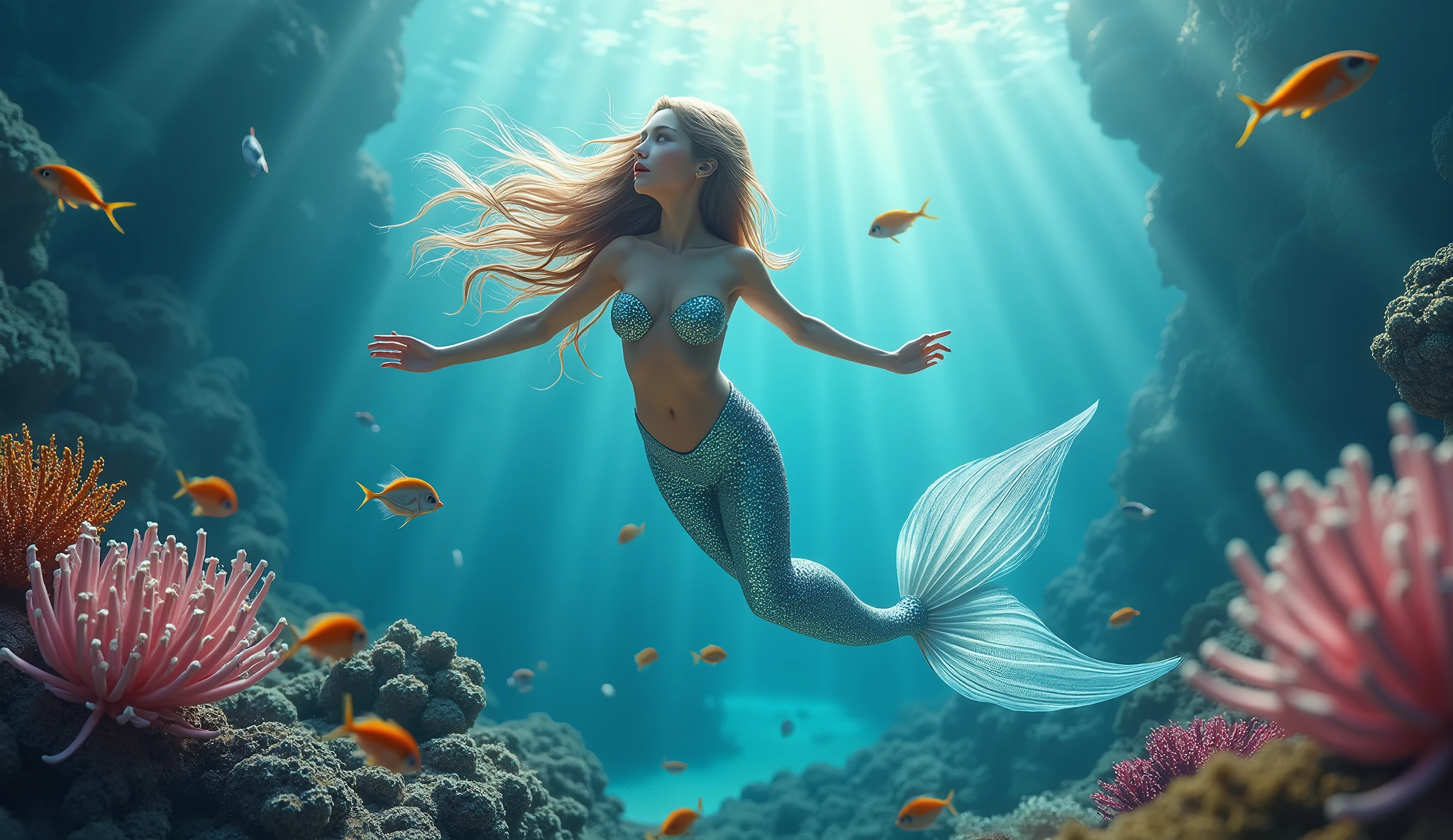 In the depths of the ocean, a beautiful mermaid with a vibrant, jewel-toned tail swims gracefully among swaying seaweed and glowing jellyfish. Her skin glows faintly in the dark waters, and her long hair floats around her like a halo. She wears a sheer, translucent top that clings to her curves. The scene is bathed in a soft blue light, with bubbles rising around her, evoking a sense of calm and wonder. Aim for realistic depiction, make sure photos are at highest resolution (8K)