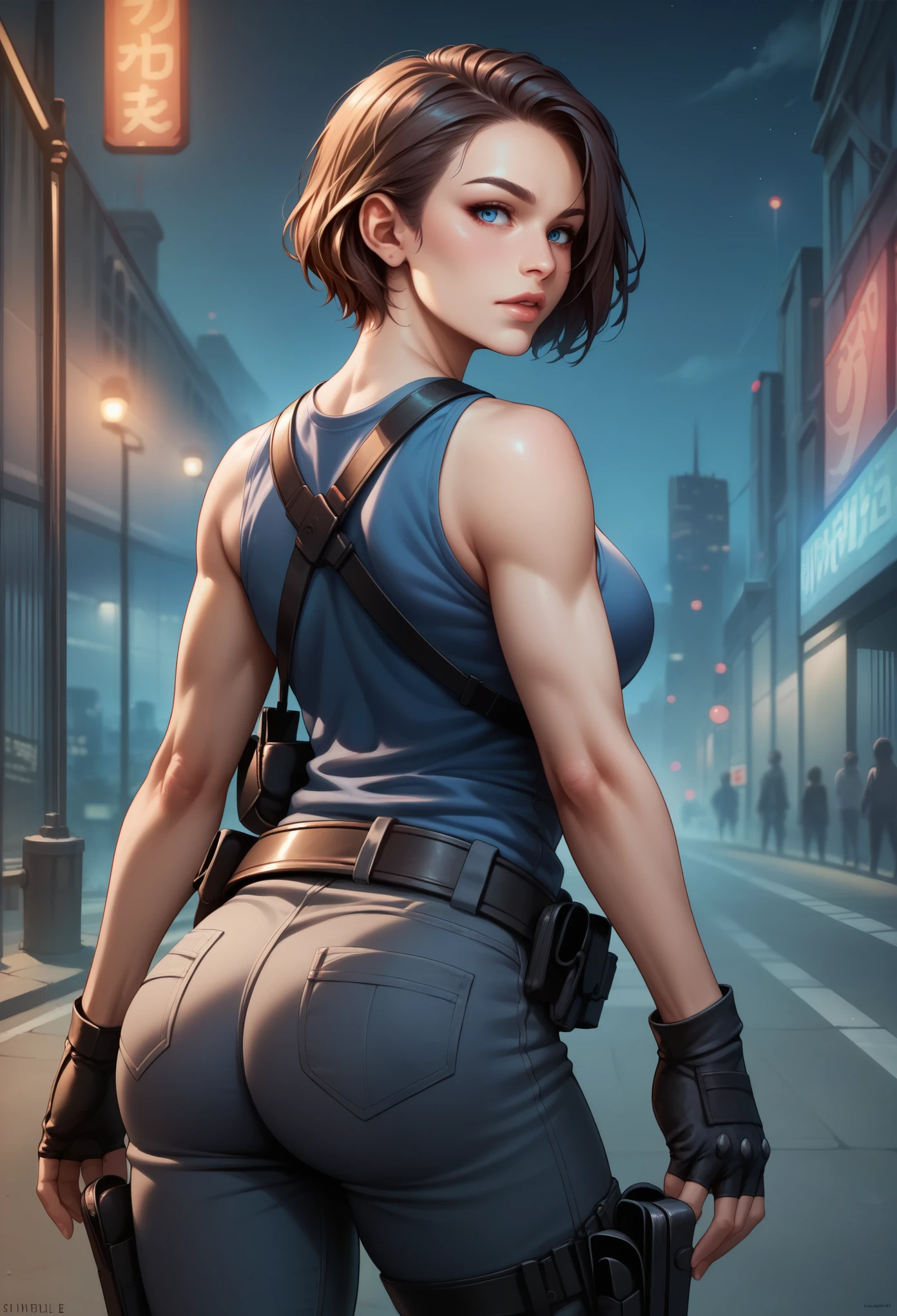 score_9, score_8_up, score_7_up, BREAK, score_9, jillvalentineSDXL, blue shirt, short hair, chestnut hair, blue eyes, gloves, jewelry, black gloves, belt, pants, fingerless gloves, lips, gun, tank top, holster, thigh holster, cowboy shot, ass, from behind, night, city