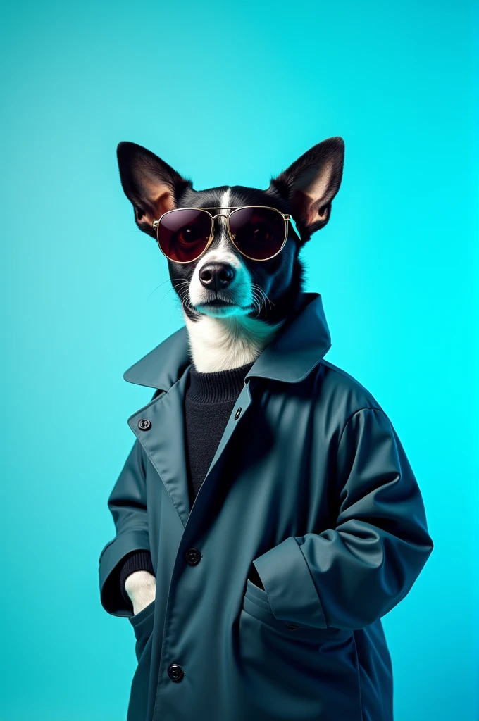 The best cell phone wallpaper, Award-Winning Wallpaper, portrait photography, In the front view is a portrait of a cute dog wearing mid-1960s space age fashion, Side view photo, Shot with Canon EOS R5, Set a strong contrast that accentuates the subject, Fluorescent blue tone, Wearing a very modern coat and sunglasses is a modern 1960s style, Clothes all in one color, beautiful background