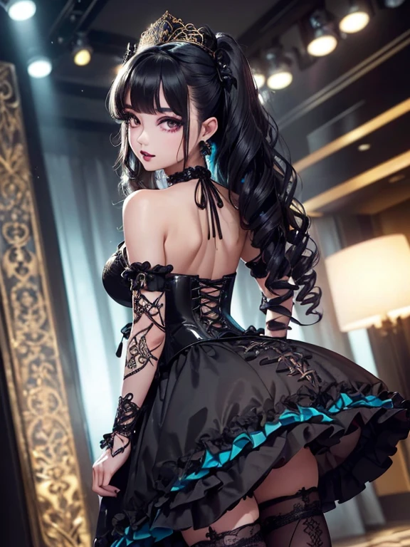(1 girl 1.3) (extremely detailed 1.3) (anatomically correct, High precision, realistic skin) (RAW photo, Super detailed, advanced details, intricate details,), (Lighting: Face lighting, Ray tracing, reflective light, Structurally correct) ((Background: back room of a nightclub 1.3)) (Subject: beautiful Asian, Asian, bronze skin, woman with hair in black curls and coils) (wearing: glamorous detailed embroidered gothic ta rave, corset, teal and black, neck wrists and fingers, wearing elegant gold and black high heel boot new rocks),((beautiful big eyes looking up at the viewer, black shiny lipstick, perfect Asian goth cyber makeup))