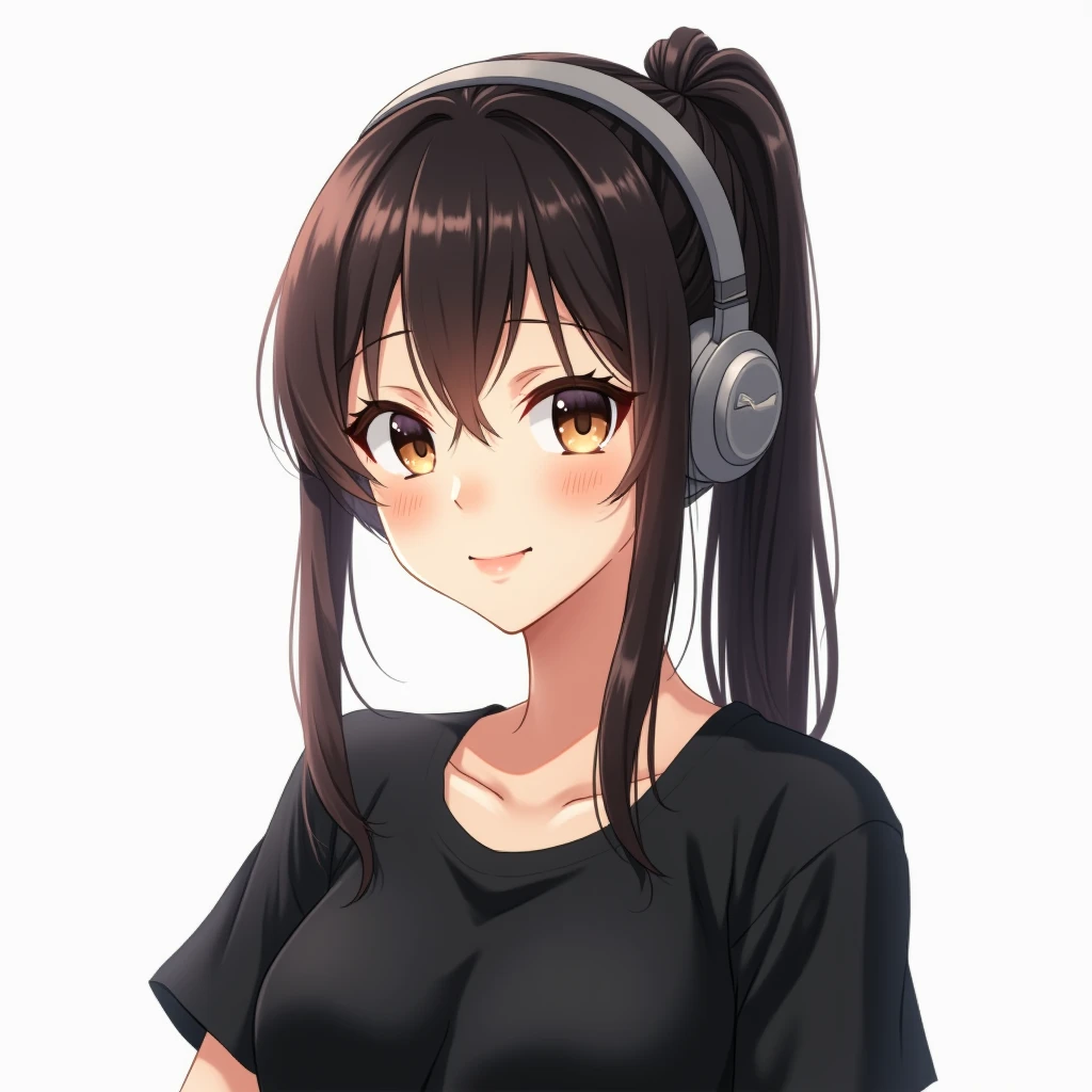 Japanese teenage girl with long hair tied to the side with big-eyed smiling expression ,wearing a black t-shirt ,ultra HD,ultra 4k,realistic, white background, waist-length photo,big chested, while wearing earphones