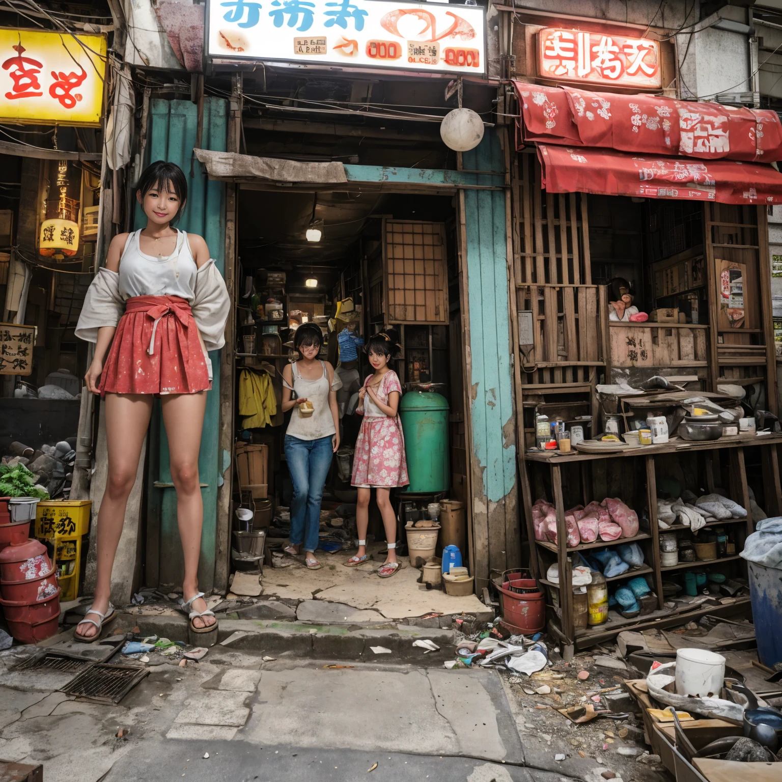 (masterpiece:1.2、Highest quality)、Places to visit in Japan、Unsanitary and despicable environment、(A dark and dirty underground mall)、Summer clothes、Tavern on the street、(Detailed and cute face:1.3)、(3More than 100 cute girls)、((Exposing the breasts、Pussy))、Rusted metal、Dirty walls、Full of garbage、((Eat well))、perfect anatomy、smile