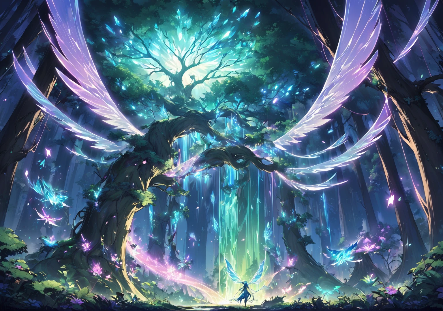 A lush, bioluminescent forest with towering ancient trees, their roots entwined with glowing crystals. Mysterious creatures with translucent wings hover around a mystical portal made of intertwined vines and shimmering light.