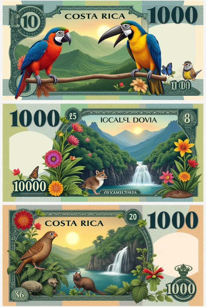 Create a 100-dollar Costa Rican bill.000 colones representing flora and fauna