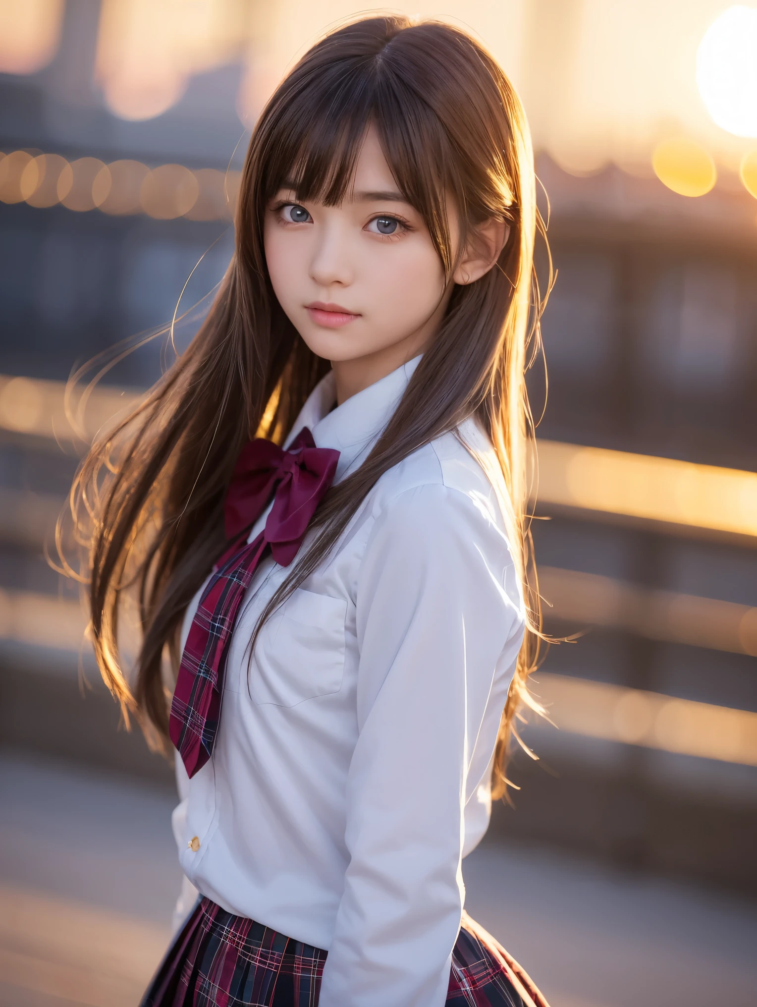 A highly detailed close-up image of a young anime girl with long silver hair flowing gracefully in the wind. The character has large, vibrant blue eyes with a determined yet calm expression. She is dressed in a detailed school uniform, consisting of a white shirt with a red bow tie, a dark blazer with golden insignias on the shoulders, and a plaid skirt with subtle folds. The girl’s hair has intricate details, with a single strand standing up prominently. The lighting is warm and golden, suggesting a sunset background, which adds depth and softness to her features. The overall atmosphere combines a sense of strength and elegance, as her dynamic pose with slightly extended arms enhances the flowing movement of her clothes and hair. The background is blurred but hints at an urban setting with soft, glowing lights, creating a dreamy and cinematic effect.