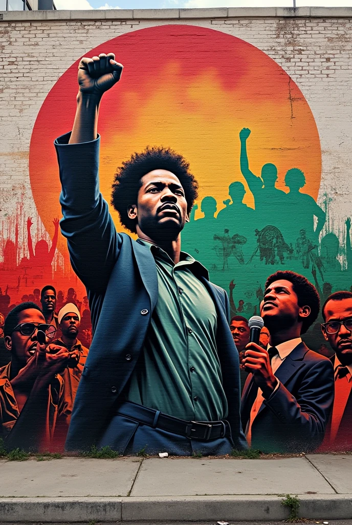 brick wall: Start with a brick wall as a background, painted in a neutral tone to highlight the colorful elements of the mural.

Central Figure: At the center, paint a picture of an African American man with a firm and resolute expression, raising a fist in a gesture of resistance. The pose should be dynamic and full of energy..

Historical elements: Around the central figure, include images that represent historical moments and icons of the fight for civil rights. This may include silhouettes of protests, speeches, e figuras como Martin Luther King Jr. ou Malcolm X.

Graffiti and Phrases: Add graffiti around the wall with striking words and phrases related to the fight, to identity and resistance. Use bold fonts and varied styles to add a sense of urgency and importance.

Paleta de cores: Use a vibrant color palette, with a predominance of red, black and green. Red can symbolize struggle and passion, black dignity and strength, and green is hope and renewal.

atmosphere: Create a vibrant and energetic atmosphere, reflecting the determination and hope expressed in the poem.